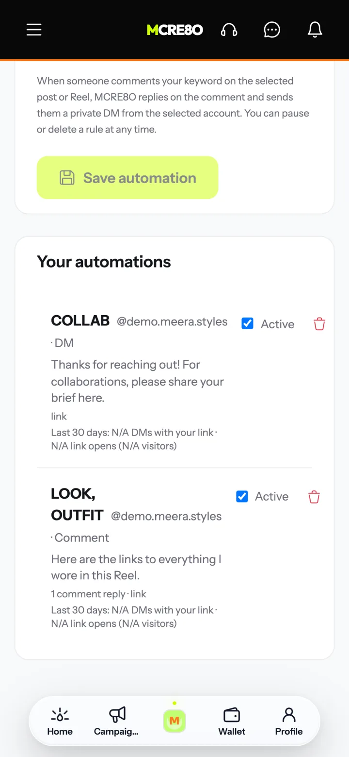 DM automation rules in the creator app